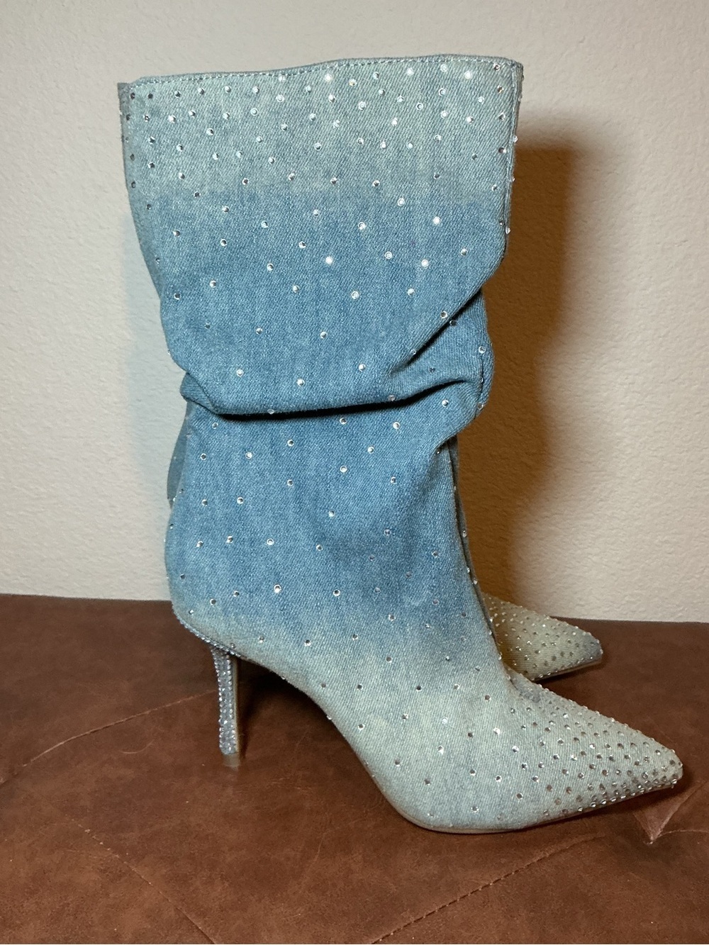 Embellished Gray Crystal Pointed Toe Stiletto Boot - Picture 2 of 8
